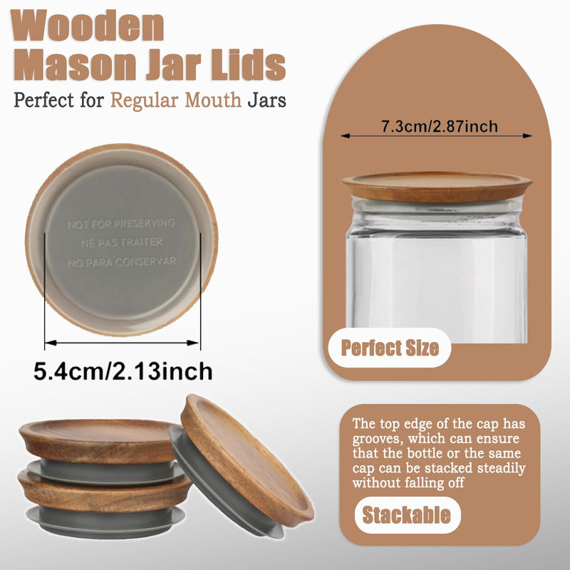 QTLCOHD 12 Pack Regular Mouth Mason Jar Lids | Acacia Wooden Storage Canning Lids with Airtight Silicone Seal for Ball Mason Kerr Jars