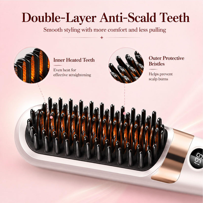  [AUSTRALIA] - Glow Wave Heated Brush, Cordless Hair Straightener Brush - Portable Rechargeable Ceramic Hair Styling Brush with 4 Adjustable Heat Modes & LED Display, Perfect for Travel & Everyday Use