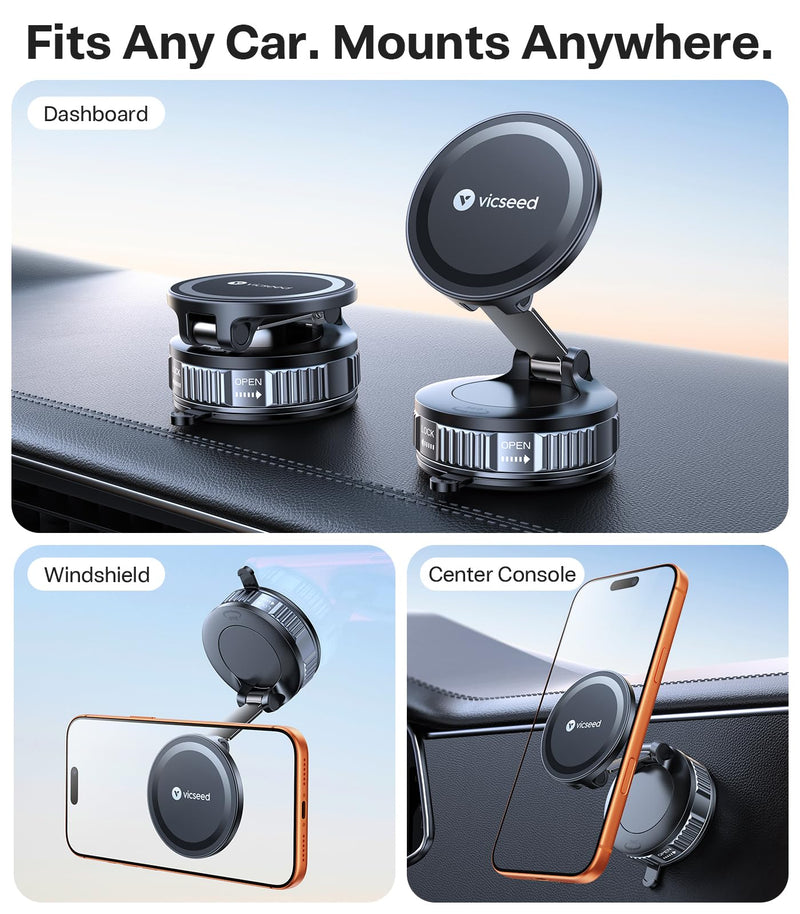 VICSEED Ultimate for Magsafe Car Mount [98+LBS Strongest Suction] 360° Vacuum Magnetic Phone Holders for Your Car Metal Arm Foldable Cellphone Mount for iPhone 17 16 15 14 13 12 Pro Max Air Android Light-Grey