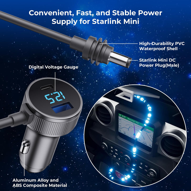 Starlink Mini Cable, 3 in 1 Starlink Mini Car Charger DC Power Cable+ Cigarette Lighter Adapter 12V-48V with Digital Display, Durable USB C PD 40W and USB A 35W Ports for Trucks and Cars (10FT) 10FT