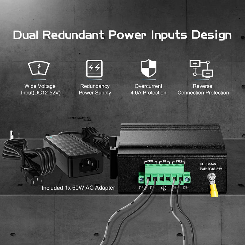 5 Port Gigabit PoE Industrial Switch, IEEE802.3af/at Ethernet, 1 SFP Port with 20km LC Module, IP40 Aluminum Alloy -40~75°C(-40~185°F), Din Rail and Wall Mount Kit, with 60W Power Supply 5 Port Gigabit PoE