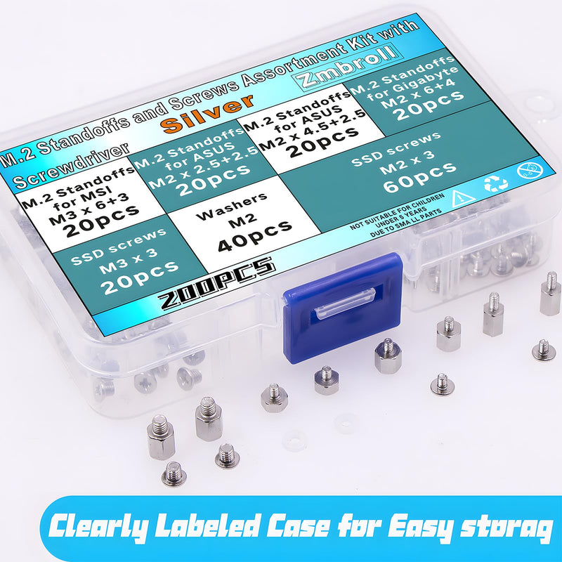 200Pcs M.2 SSD Mounting Screws Silver Laptop Screws m.2 Standoff and Screw M2 Motherboard Standoffs Notebook Computer Screw Set with Screwdriver for Asus Gigabyte MSI Motherboards