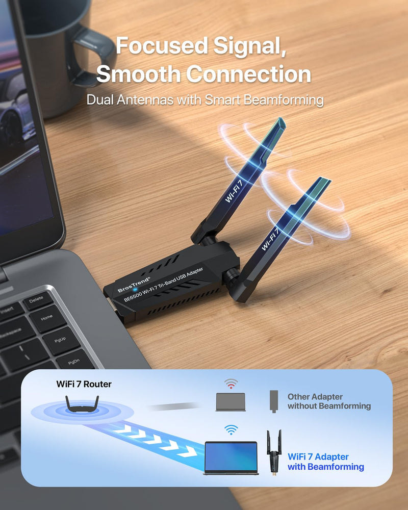 BrosTrend BE6500 USB WiFi 7 Adapter, Tri-Band Long Range USB WiFi Adapter for Desktop PC Laptop, Wireless Dongle 6GHz + 5GHz + 2.4G, Ultra-Low Latency Wi-Fi Antenna PC Gaming for Windows 11/10, 4K-QAM