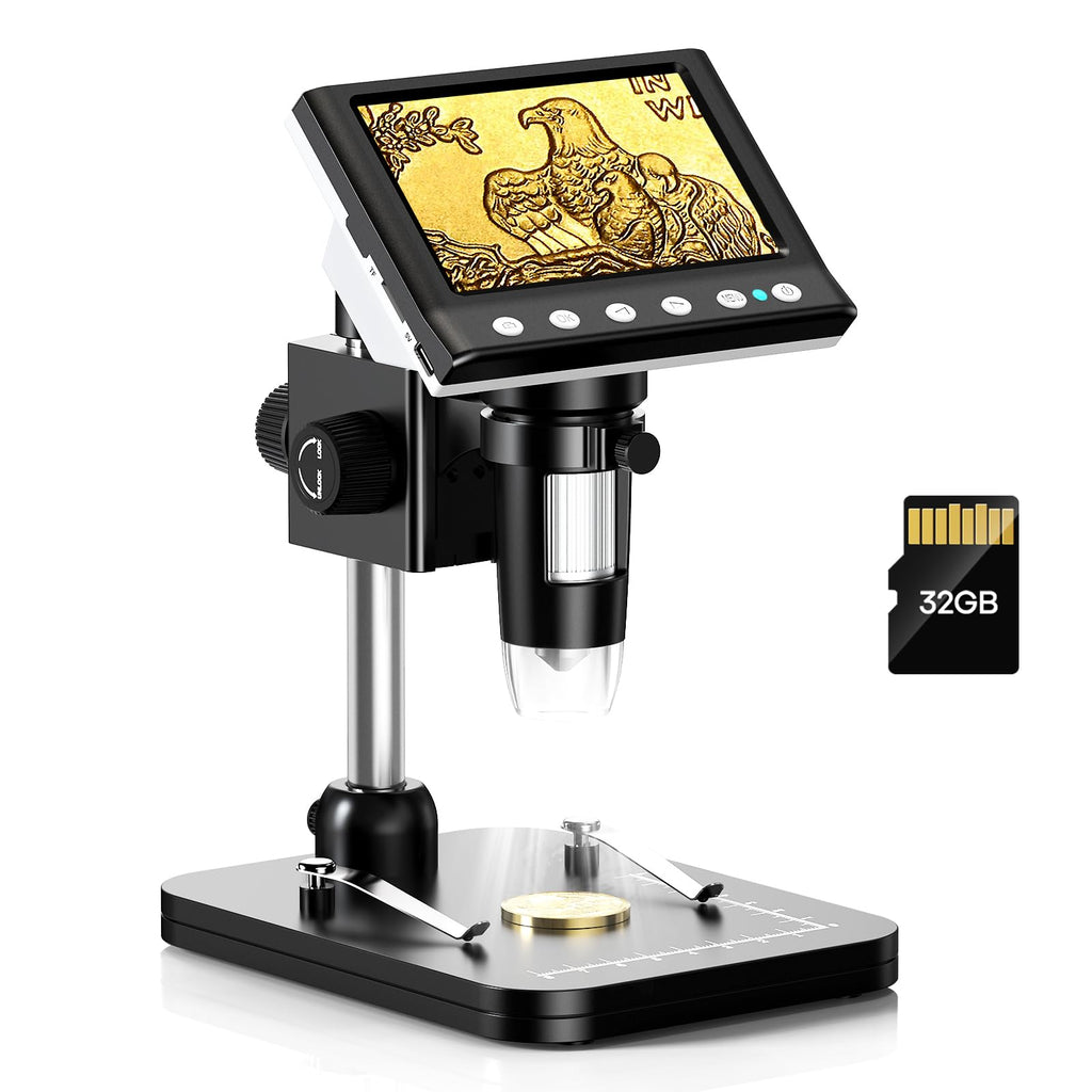 4.3'' IPS Coin Microscope, 1000X Magnification Digital Microscope for Adults，Coin Collection Supplies with 8 Adjustable LEDs，Windows Compatible，32GB TF Card