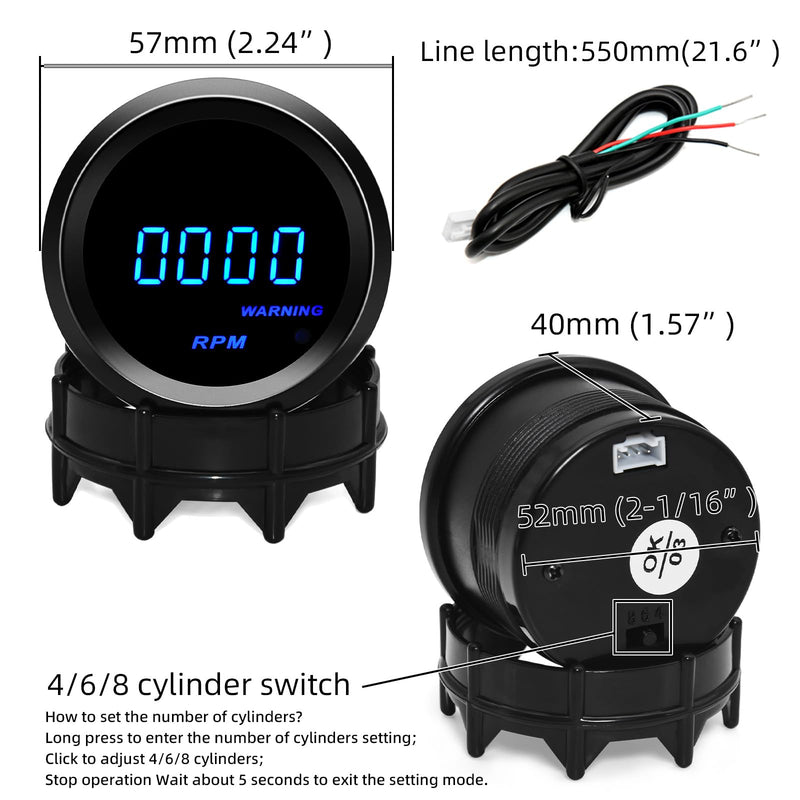 2" 52mm Tachometer Blue Digital LED Tacho Gauge for 12V Car AUTO 4 6 8 Cylinder (Black) Black