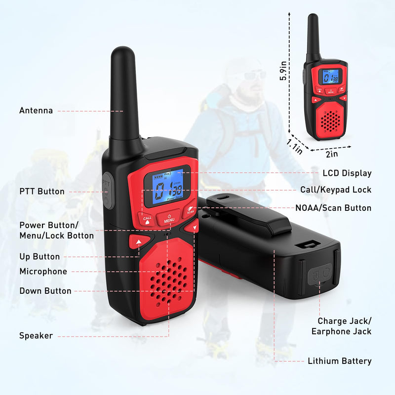 Adult Walkie Talkie WokTok Long Range Rechargeable Portable Two-Way Walkie Talkie, Hiking Accessories, SOS Sirens, NOAA Weather Alarms, Kid's Toys, Easy-to-Use Rechargeable Walkie Talkies,2 Pack 2 Packs Red 2 Pack