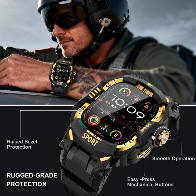 DABAOZA Rugged Case with Band Men Tactical Compatible with Apple Watch 49mm | Screen Protector Military Grade Shockproof Bumper Men Tactical Heavy Duty Strap,for iWatch Ultra 3/2/1,Black Gold 49MM Black/Gold