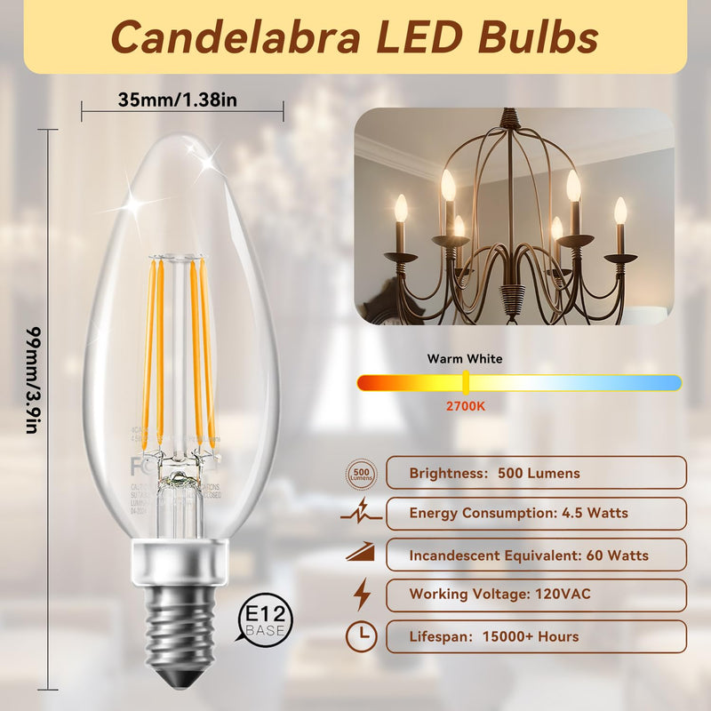 TJOY LED Candelabra Bulbs Dimmable, 60W Equivalent Chandelier Light Bulb, E12 Small Base, 4.5W 2700K Soft Warm White, B11 Vintage Filament Clear Glass Candle Light for Ceiling Fan Chandeliers, 24Pack 2700k Warm White 24 Pack