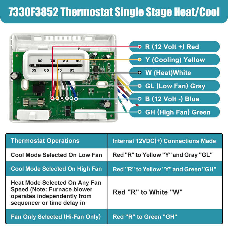 7330F3852 RV Air Conditioner Thermostat, Single Stage Heating & Cooling Control Compatible with Coleman Mach Series,White White