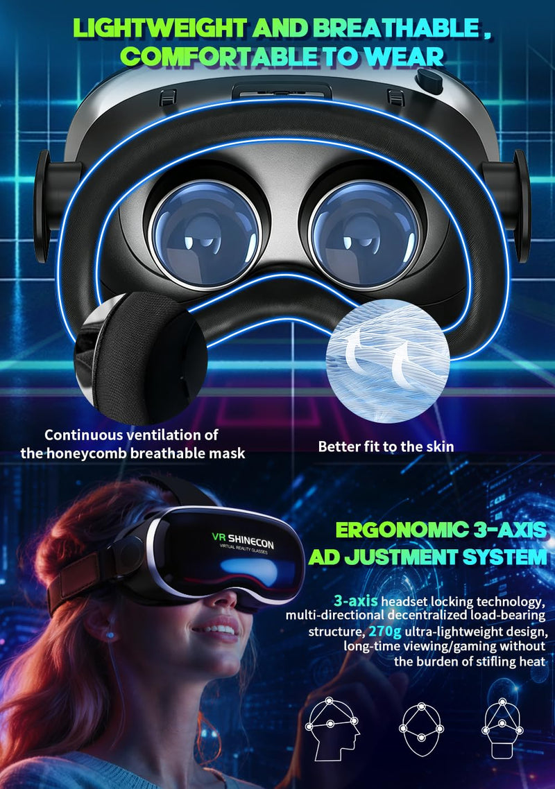 VR Headset with Bluetooth Controller, HD Aspheric Lenses, Adjustable Focus & IPD – Universal Fit for 4.7–7" Smartphones with Heat Dissipation Design