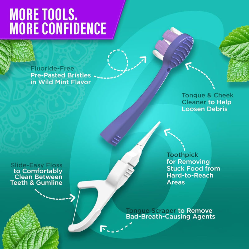 GuruNanda Mini Disposable Toothbrushes with Toothpaste, Tongue Scraper, Floss & Toothpick - 6-in-1 Ready-to-Go Prepasted Travel Toothbrush - Fluoride Free, No Rinsing, Individually Wrapped, 60 Ct 60 Count (Pack of 1)