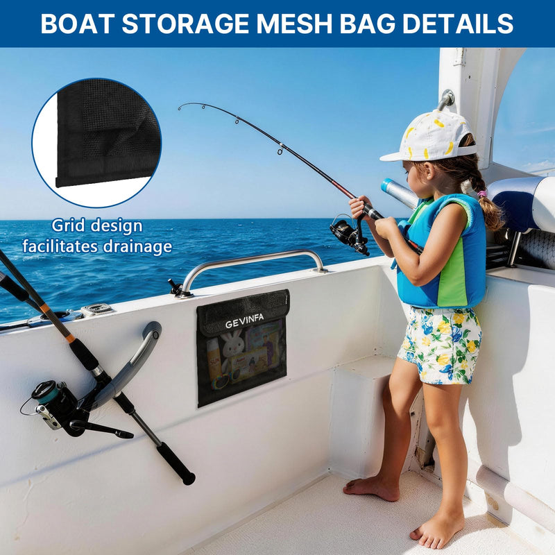 Boat Storage Mesh Bag, 13.7x10.63 Self-Adhesive Organizer with Secure Lid, 4 Heavy Duty Hook Pads and Velcro Back, Breathable Net Pockets for Boat Cabin Accessories, RVs and Home(1 PCS) Black-1 PCS