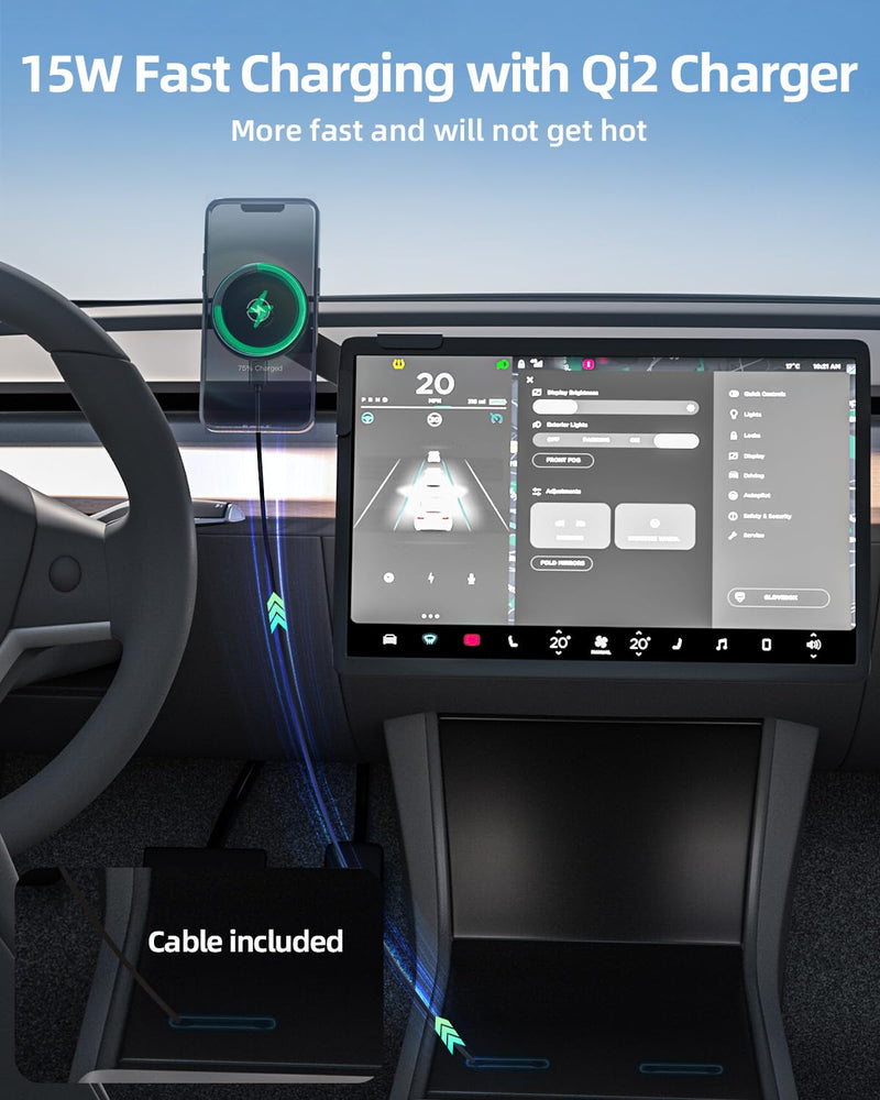 for Qi2 15W Tesla Phone Mount Charger [Heat Restriction] | Work for Tesla Model Y/3 Screen[Stable Metal Holder], Wireless Fast Charging for iPhone 17 to 12 Series with 40″ C-C Cable Black