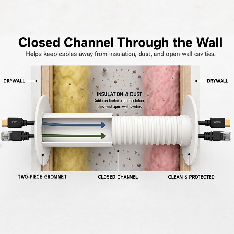 Wall Eye Cable Pass Through Port, 2 Inch Hole Saw Cord Grommet for 2x4 Drywall, Fits 3 5/8 to 5 1/4 Inch Thickness, White Channel for HDMI Ethernet Coax USB-C Wires Standard (3-5/8" to 5-1/4")