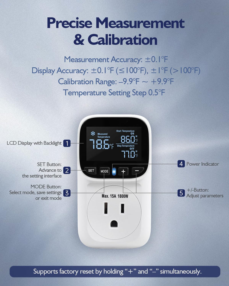 Digital Temperature Controller, Heating & Cooling Thermostat Plug Outlet, –40°F~210°F, 15A 1800W, LCD Display, Temperature Controlled Outlet for Home, Greenhouse, Chicken Coop, Reptile White