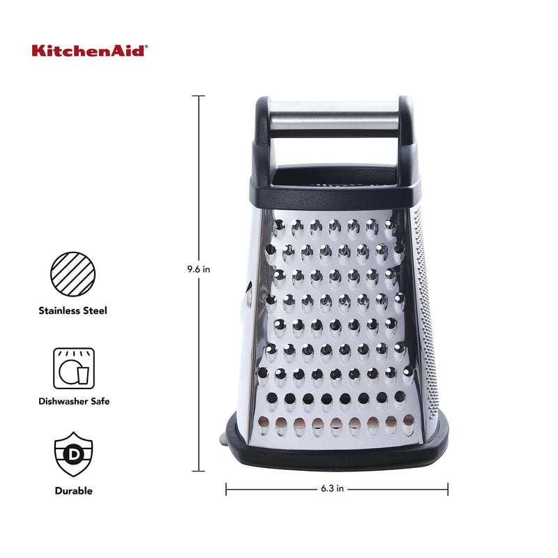 KitchenAid Gourmet 4-Sided Stainless Steel Box Grater for Fine, Medium and Coarse Grate, and Slicing, Detachable 3 Cup Storage Container and Measurment Markings, Dishwasher Safe, 10 inches tall, Black 10 Inch