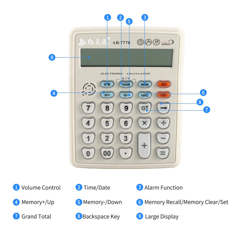 Electronic Desktop Calculator with Musical Function Big Buttons Calculator Time Date Display 12 Digits LCD Tilted Screen for Office Business Store