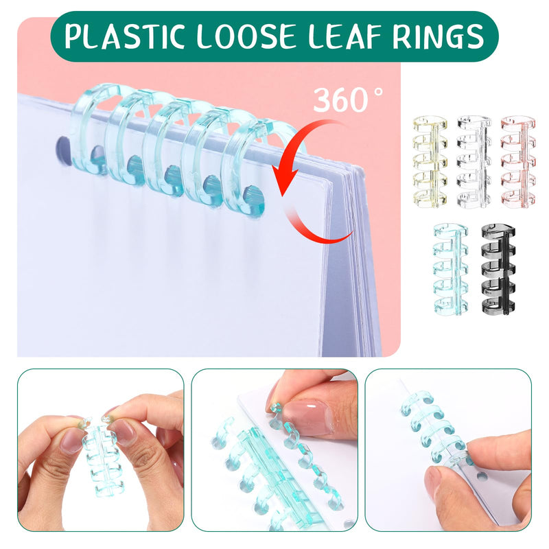 ReliThick 52 Pcs Binding Machine Set Includes 1 Pcs 6 Holes Binder Punch 1 Pcs Single Hole Binder Machine 20 Pcs 5 Ring Plastic Loose Leaf Binder Rings 30 Pcs Small Binder Rings for Home Office