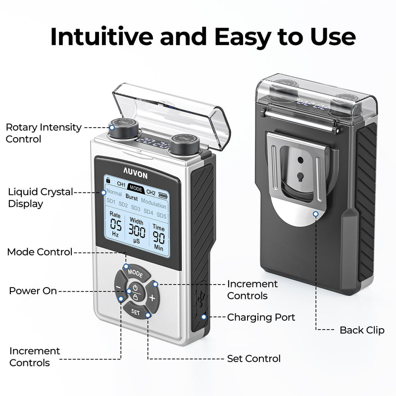 AUVON Rechargeable Digital TENS Unit Muscle Stimulator with 600 mAh Battery, TENS Machine with 8 Customizable Modes, Electric Massager for Shoulder, Back Pain Relief, 6 TENS Pads, A Carry Case A Silver