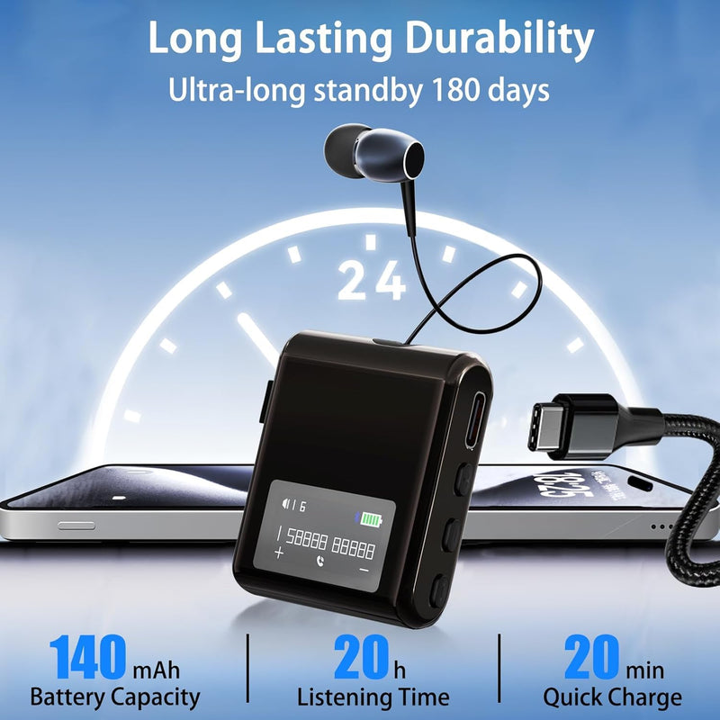 Bluetooth Headset with Retractable Cable, Wireless Headphone Stereo Earphone V5.4 Noise Cancelling Mic Clip on Earpiece, with LCD Display, AI Voice Assistant, for Sports Business (Black) Black
