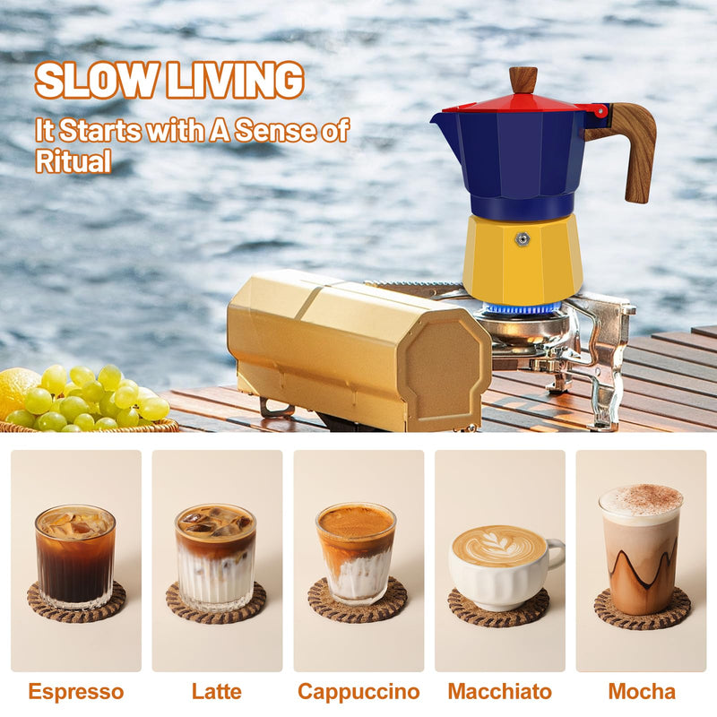 3 Cup Aluminum Espresso Stovetop Moka Pot Express Coffee Maker Percolator Italian Classic Mocha Coffee Machine for Italian and Cuban Cafe Brewing for Home & Camping 150ml 5oz Blue/Yellow 3 Cup