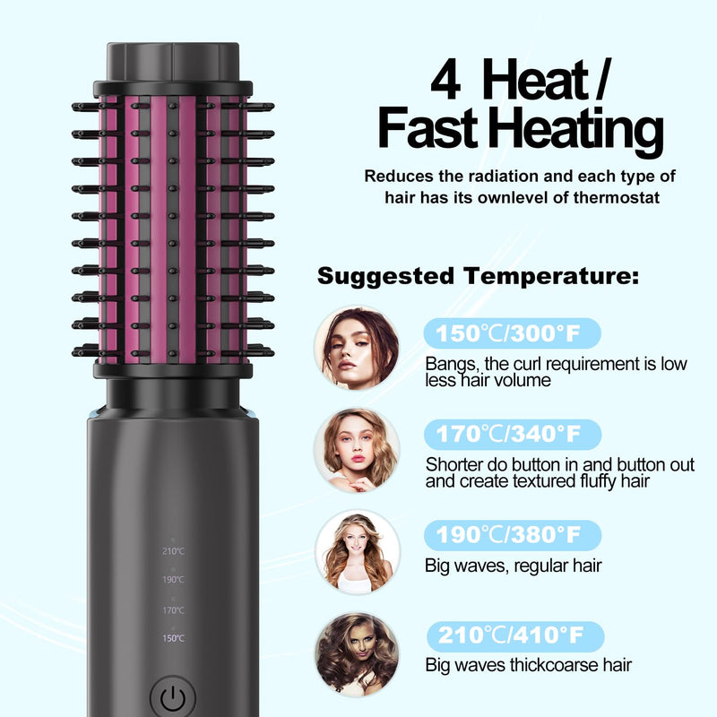 3 in 1 Cordless Hair Styler for Curling & Straightening, 40MM Thermal Brush Curling Wand with 4 Temperature Adjustable, Portable Travel Hot Brushes for Hair Styling (Rose) Rose