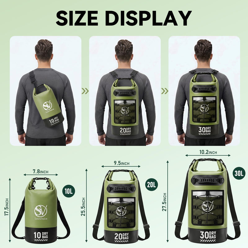 Waterproof Dry Bag - Waterproof Floating Backpack for Kayaking, 10L/20L/30L Waterproof Pouch for Beach,Travel, Swimming, Boating, Paddle Board, Rafting, Camping, Hiking Green 20L