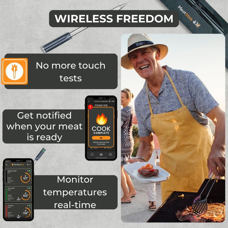 MeatStick 4X Wireless Meat Thermometer for Grilling and Smoking, Bluetooth Temperature Probe with 4 Sensors, 650ft+ Range for BBQ, Smoker, Oven MeatStick 4X Set (650ft+ Range)