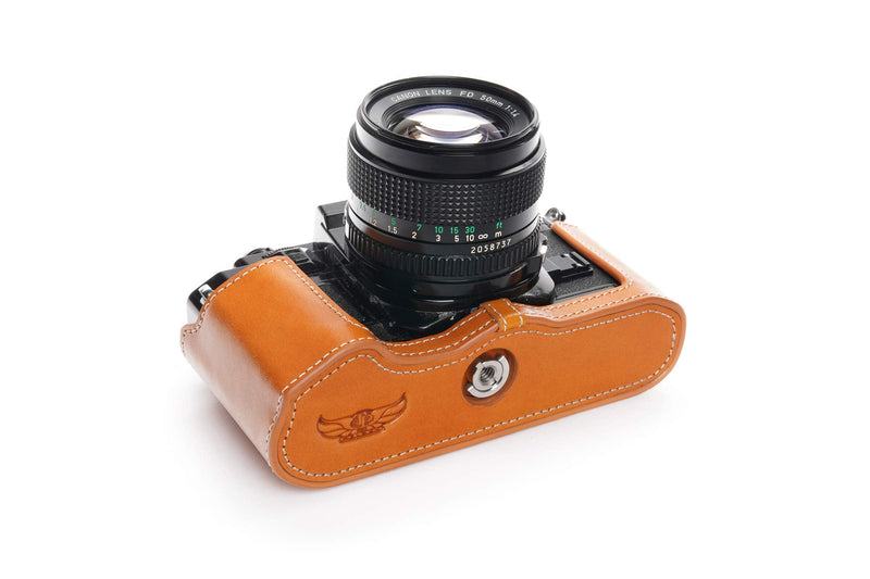A-1 Case, BolinUS Handmade Genuine Real Leather Half Camera Case Bag Cover for Canon New AE-1 AE-1P A-1 (with Handle) Camera with Hand Strap (Yellow) Yellow