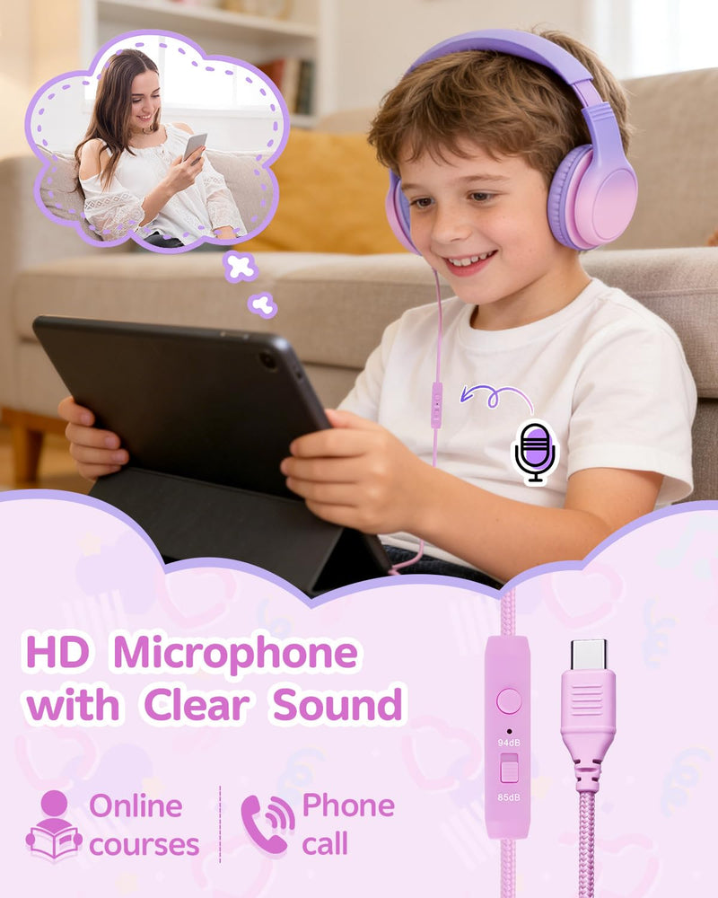 USB C Over Ear Kids Headphones with HD Mic, Safe Volume Limited Wired Headphones for School, Travel, Stereo Sound, Foldable Headphones for iPad, Laptop, PC, Purple-Pink