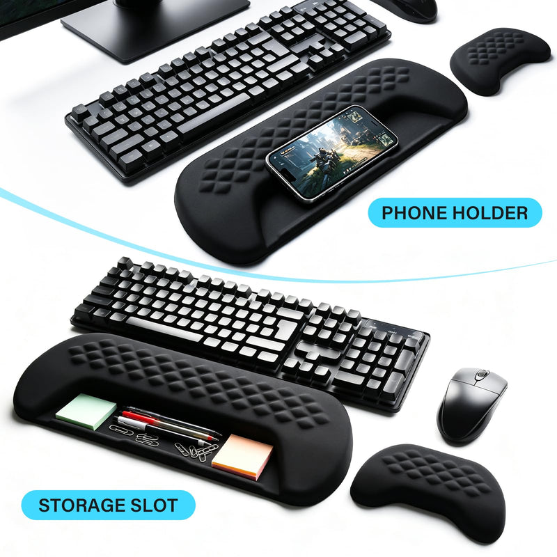 JIKIOU Wrist Rest for Keyboard and Mouse, Soft Memory Foam Wrist Rest Black | Massage Design, Non-Slip PU Base, Built-In Phone Holder & Storage Slot, Ergonomic Slope Design for Easy Typing, Pain Relief