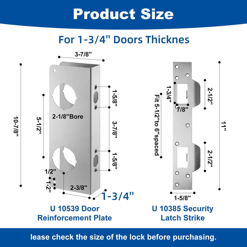 U 10539 Door Reinforcement Plate for 1-3/4" Thick Doors and Includes The U 10385 Door Strike Plate. (Silver) Silver