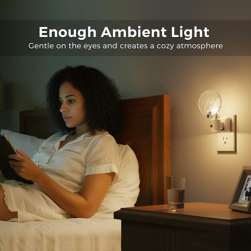 L LOHAS LED Night Light, Night Lights Plug into Wall, Shell Style Glass Nightlight Rotating, Dimmable Nightlights Plug in with Light Sensor, Soft White Nightlights for Hallway Bedroom Bathroom, 2 Pack