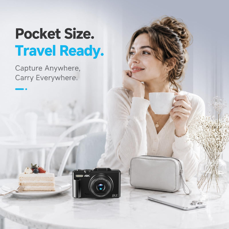 4K Digital Camera for Photography, 64MP Vlogging Camera with 180° Screen | Compact Point And Shoot Camera With WiFi, 32GB Card, 2 Rechargeable Batteries, Portable Travel Camera, Black
