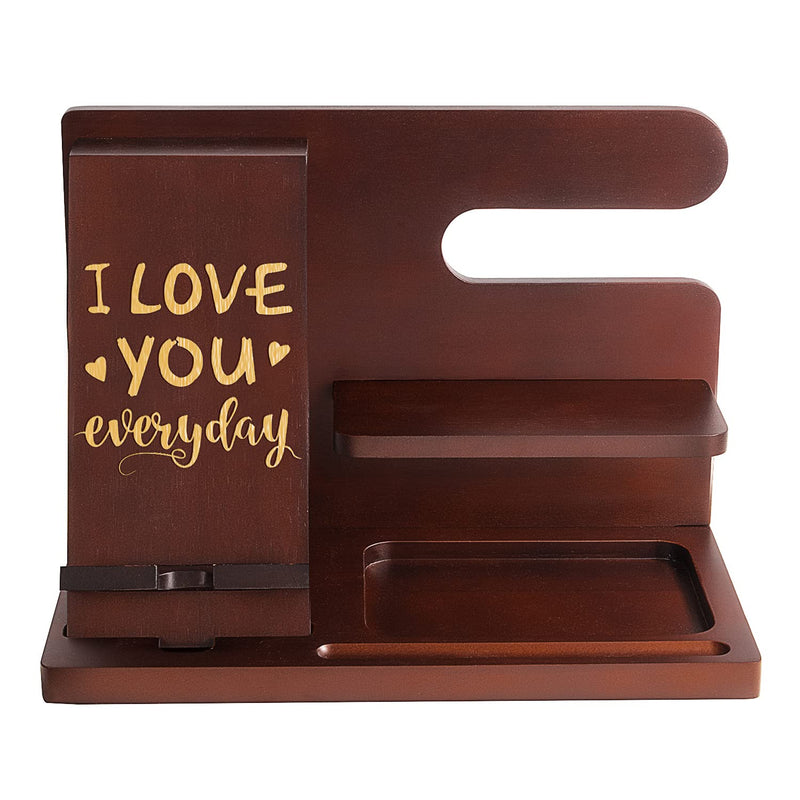 Personalized Wood Phone Docking Station for Husband Boyfriend - I Love You Everyday - Key Holder Wallet Stand Watch Organizer Men Gift Anniversary Birthday Christmas Nightstand Male Travel Gadgets For Husband/Boyfriend