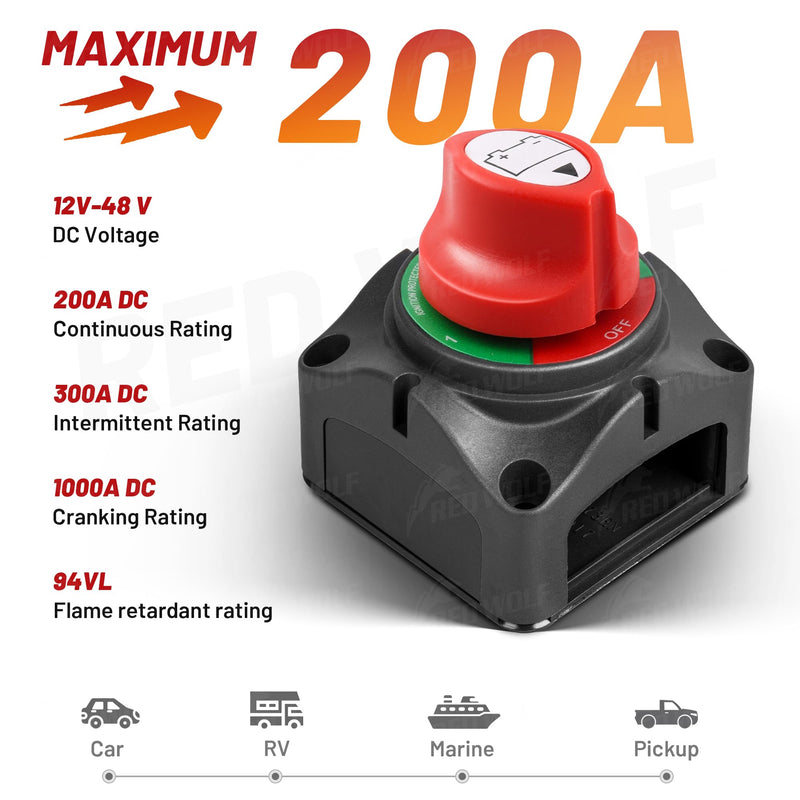 RED WOLF 1-2-Both-Off Battery Switch DC 12V-48V 200A, Heavy Duty Marine Battery Power Cut Master Switch Disconnect Isolator Ignition Protected for Automotive RV Marine Battery Kill w/M8 Stud 1-2-Both-Off Switch