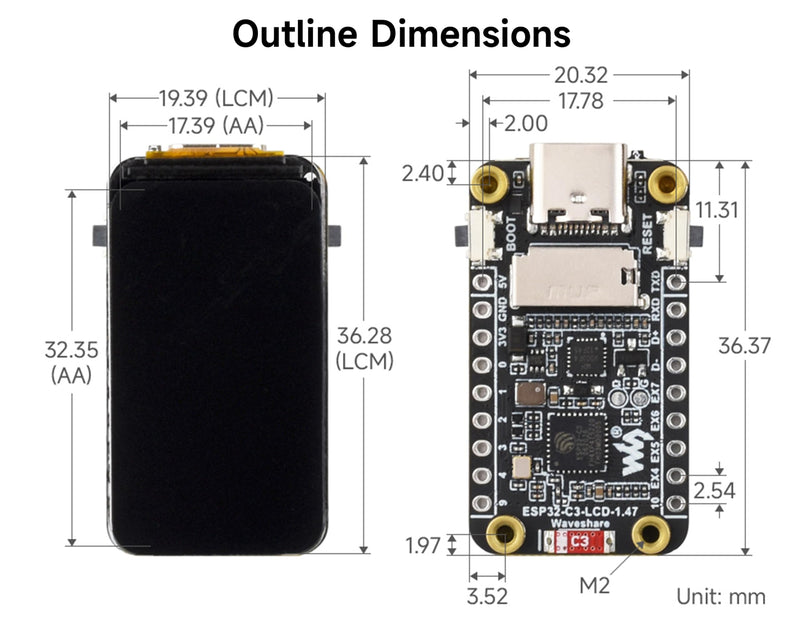 ESP32-C3 1.47inch LCD Display Dev Board with Pre-Soldered Headers, RISC-V 32-bit Single-Core Processor, 262K, 172×320 Pixels, Support 2.4GHz Wi-Fi/BLE 5, HMI, IoT Devices, Smart Displays