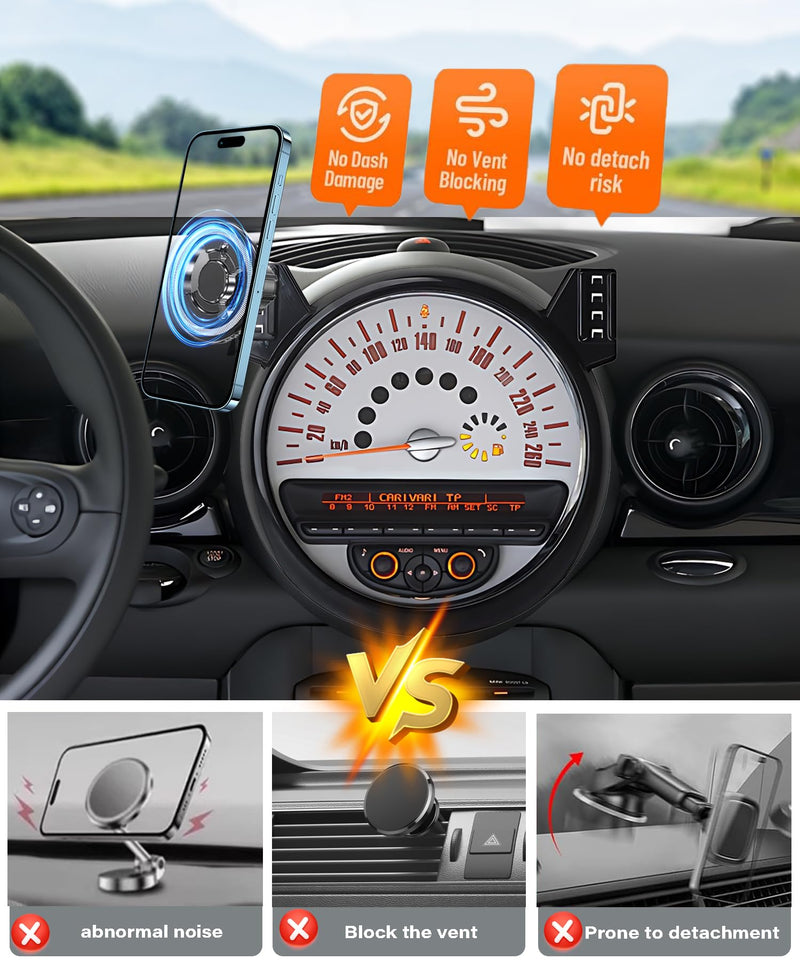 Car Phone Mount for BMW MINI Cooper 2007-2013 | 2007-2013 BMW MINI Cooper MagSafe Strong Magnets Cell Phone Holder, with Portable Phone Gripper 360° Rotation for 2007-2013 BMW MINI Cooper