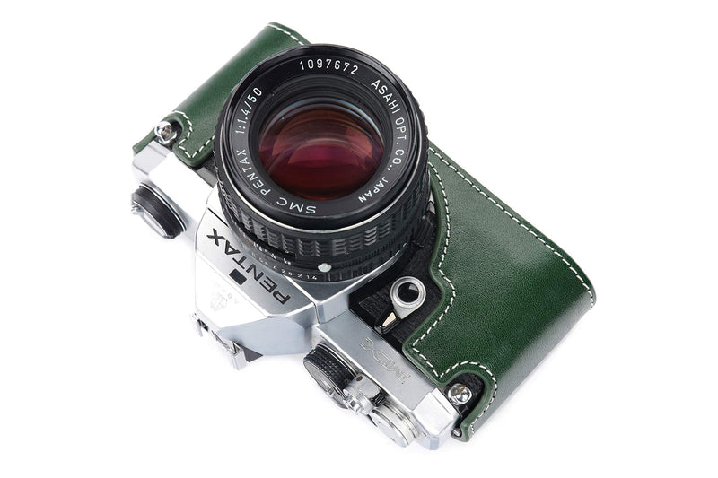 Pentax MX ME Case, BolinUS Handmade Genuine Real Leather Half Camera Case Bag Cover for Pentax MX ME Camera with Hand Strap (Green) Green