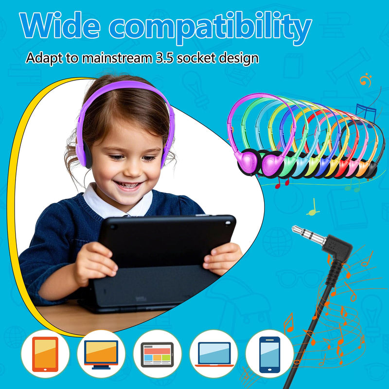 Classroom Headphones Bulk 10 Pack for Kids Students, Wired | On Ear Headphones for School Teens Adults Testing Online Learning, 3.5mm Jack for Laptop Chromebook Mixed Colors