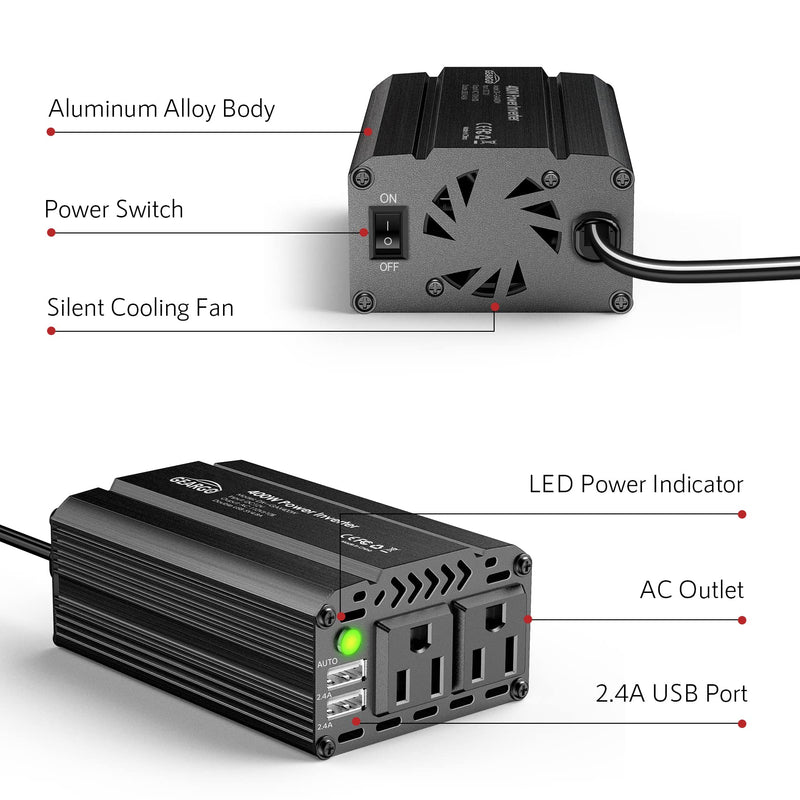 400W Power Inverter DC 12V to 110V AC Car Charger Converter with 4.8A Dual USB Ports and 2 AC Outlets Car Adapter (Black) 400W Black