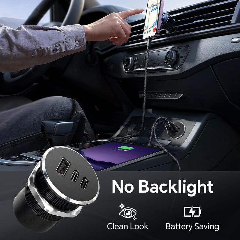 78W 12V USB Outlet with Silver Ring, Aluminum Car USB C Socket | PD3.0 & QC3.0, 3 Port Fast Charging, Mulit-Protection, No Backlight, Low Standby Power, For RV, Boat, Caravan, Camper Trailer 2Pcs