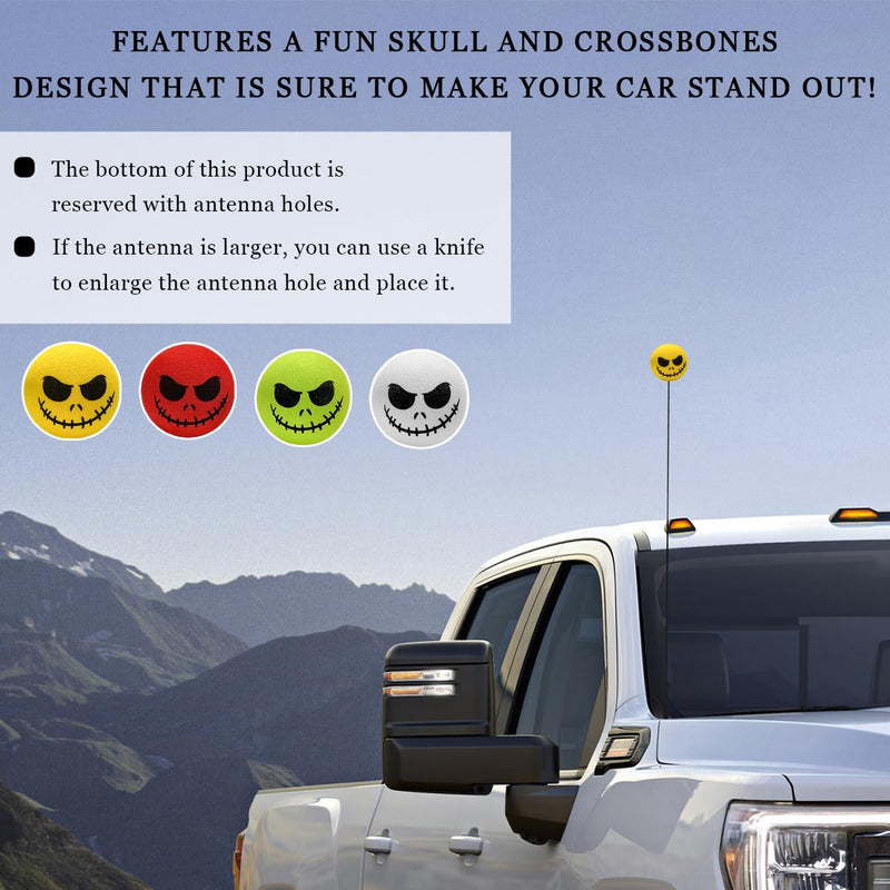 4 PCS Car Antenna Toppers, Funny Halloween Skull Spooky Smile Car Antenna Areial Balls, Skull Smile Face Antenna Topper Exterior Decor Doll for Most Vehicles, Car Accessories