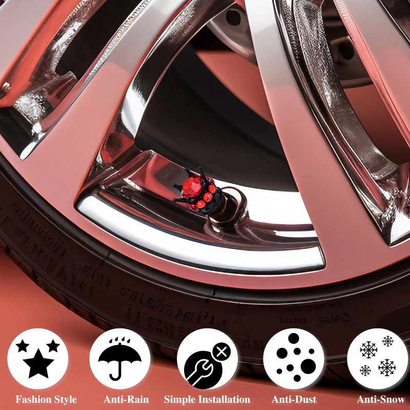 4PCS Crown Bling Tire Stem Valve Caps, Crystal Diamond Car Wheel Tire Valve Caps Universal Copper Core Stem Covers for Cars, SUV, Trucks, Bikes, Motorcycles, Bicycles (Black & Red) Black & Red