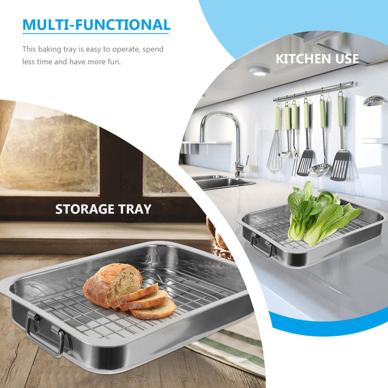 Cabilock Stainless Steel Baking Tray with Rack Rectangular Roasting Pan and Oven Tray Set for Baking Roasting Lasagna Chicken Turkey 14.17 X 10.23 X 2.36 in 36x26x6cm