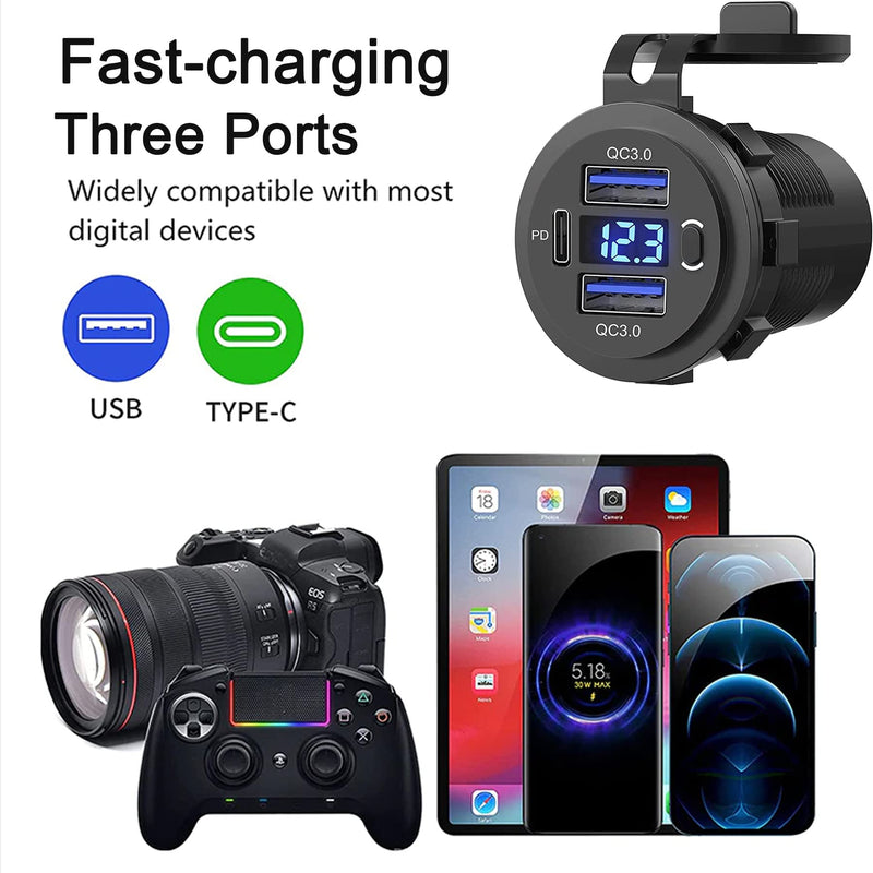 5 Pack 12V USB Outlet, QC3.0 & PD Dual Car Charger with Voltmeter & Switch | Fast charge 3 devices with QC3.0 & PD, plus built-in voltmeter & on/off switch. Ideal for cars, boats, marine, trucks, & RVs. 2QC+1PD