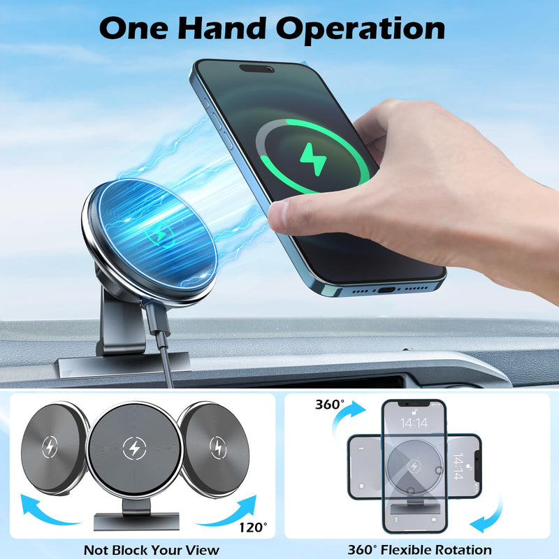 15W Wireless Charging Phone Mount Compatible with Toyota Tacoma 2016-2023 | 20x Strong Magnet | Aluminum Alloy Dashboard Mount | 3rd Gen | 360° Adjustable | Fast Charge | Fits All Smartphones Magnetic Charge