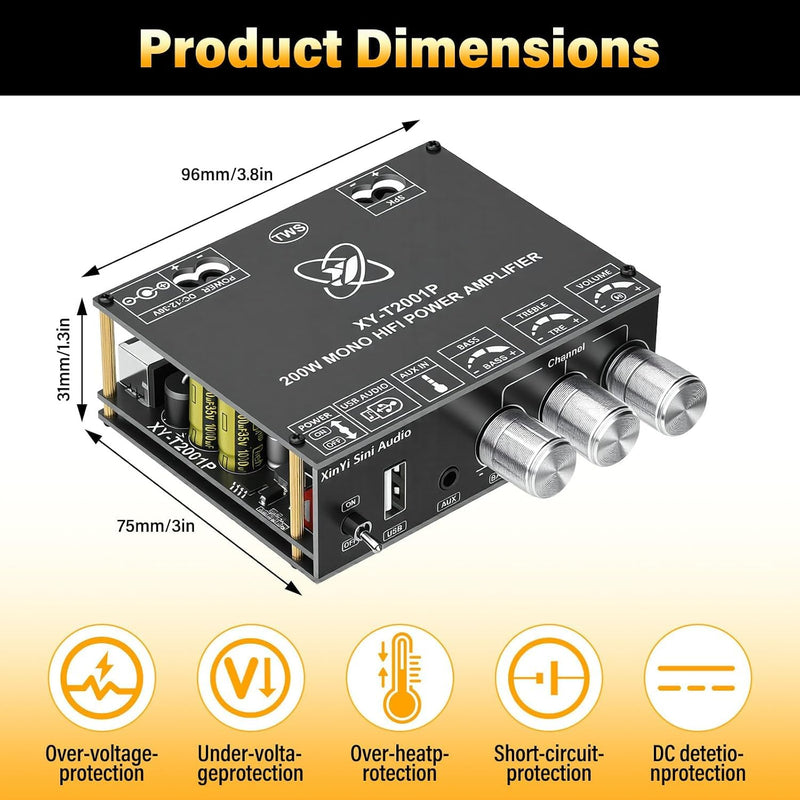 2-Pack XY-T2001P Mono Bluetooth AMP Board with TWS,200W Vehicle Amplifier Input 12-30V Wide Voltage Home Audio Amplifier Board,Supports AUX/USB/Bluetooth Input for Home Speaker,Car Audio DIY