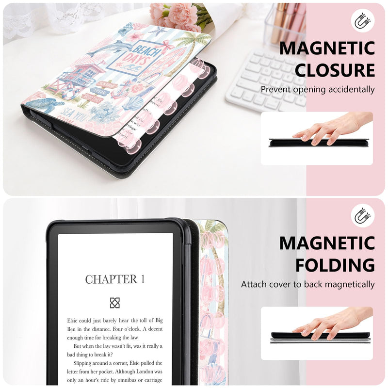 Stand Case for 7" Kindle Paperwhite 12th Gen Beach Days Sunshine | Compatible with Kindle Colorsoft Signature Edition 2024 with Hand Strap | Slim Leather Protective Cover with Auto Sleep/Wake 7" Kindle Paperwhite 12th Generation
