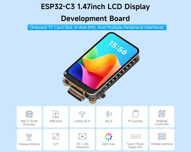 ESP32-C3 1.47inch LCD Display Dev Board with Pre-Soldered Headers, RISC-V 32-bit Single-Core Processor, 262K, 172×320 Pixels, Support 2.4GHz Wi-Fi/BLE 5, HMI, IoT Devices, Smart Displays